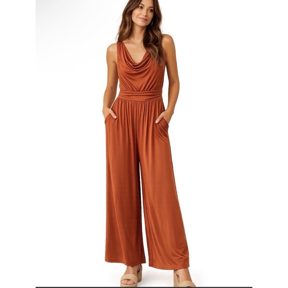 Maeve Anthropologie Enchantment Jumpsuit SMALL Rust Copper Cowl Neck Wide Leg